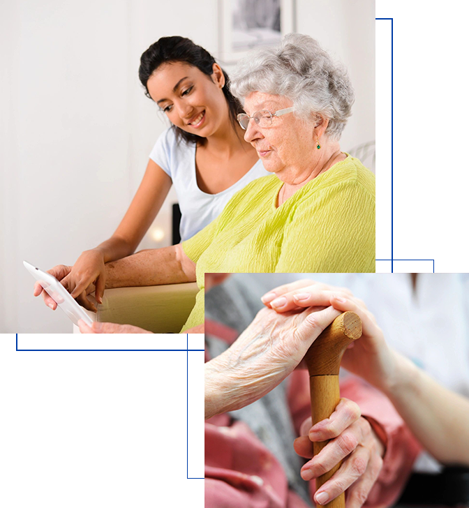 A young woman shows a tablet to an elderly woman in yellow, with a close-up of an elderly hand holding a cane.