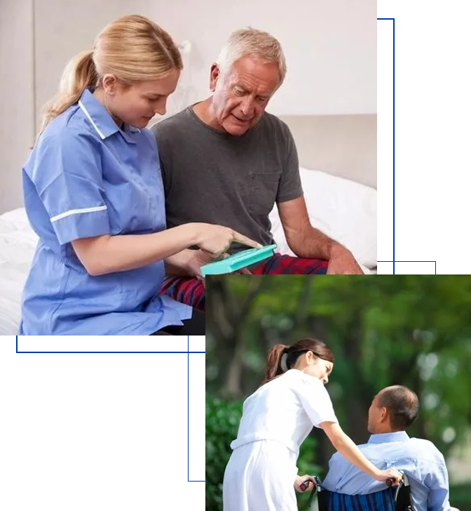 Two images: top depicts a nurse assisting an elderly man with a book indoors; bottom shows a nurse talking to a young boy outdoors.