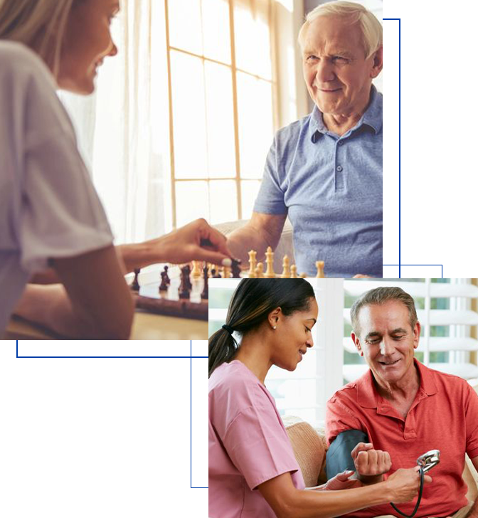 Collage of two images: elderly man playing chess with a caregiver and a nurse helping another senior man use a blood pressure monitor.