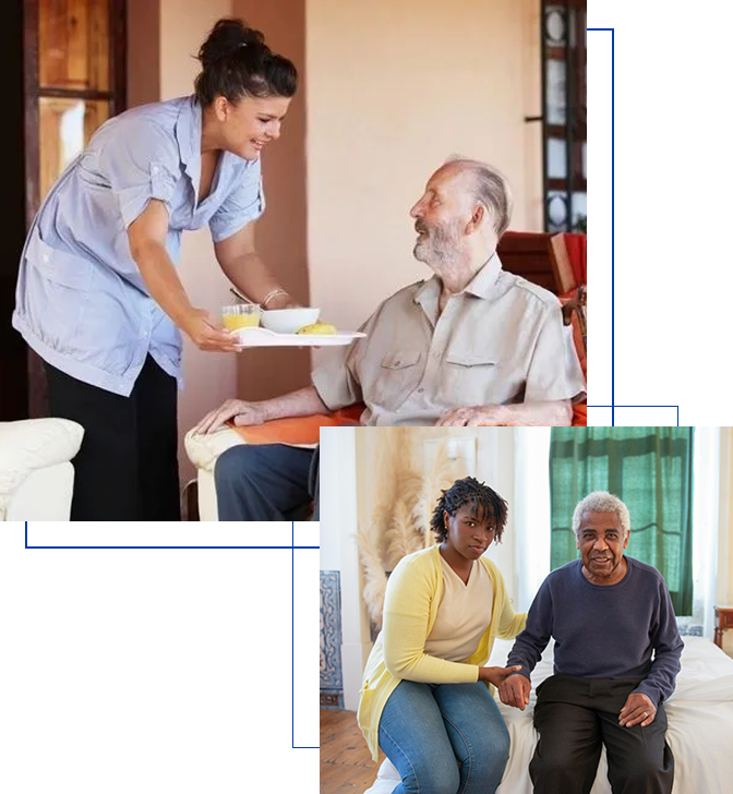 A caregiver assisting an elderly man with food, and a young woman sitting next to an older man smiling in a living room.