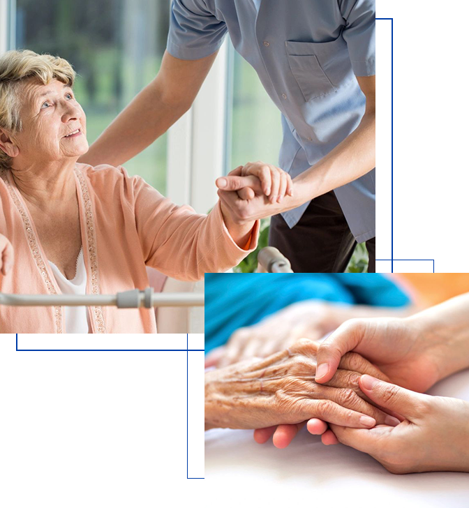 A collage of elderly care images showing a senior woman being assisted by a caregiver and hands gently holding an elderly person's hand.